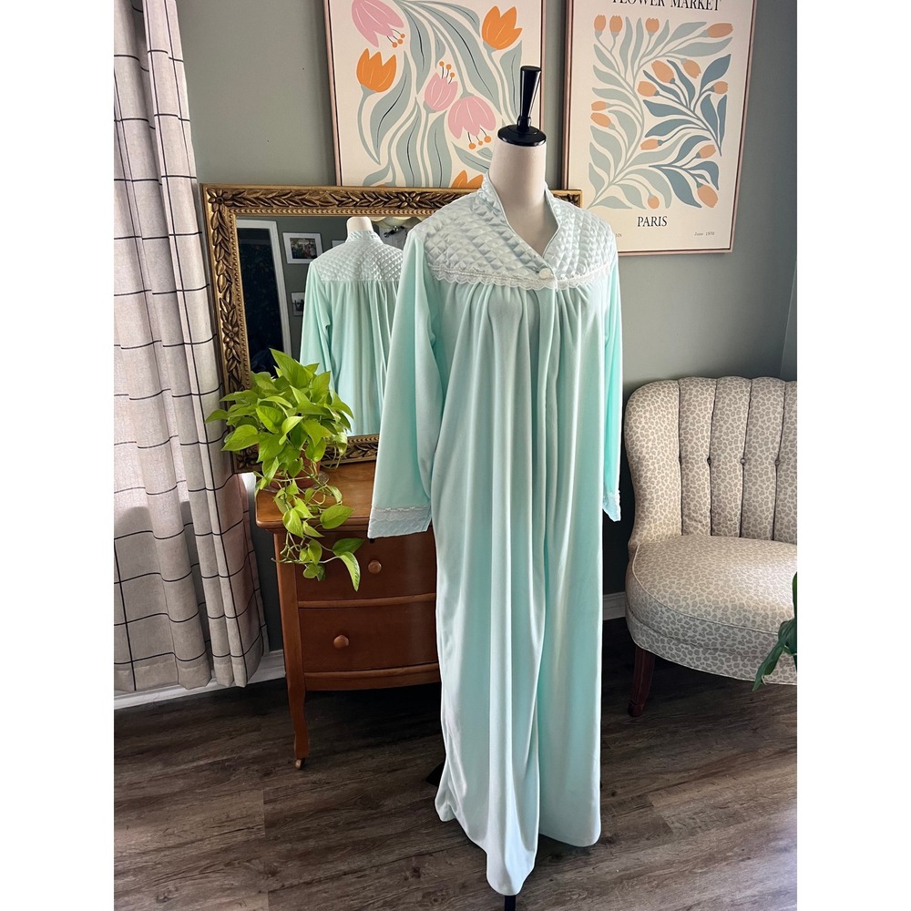 Christian Dior Vintage Seafoam Green Fleece Robe Quilted Satin Lace Trim Long M